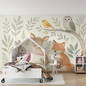 Soft pastel forest animals mural wallpaper in cozy children's playroom setting