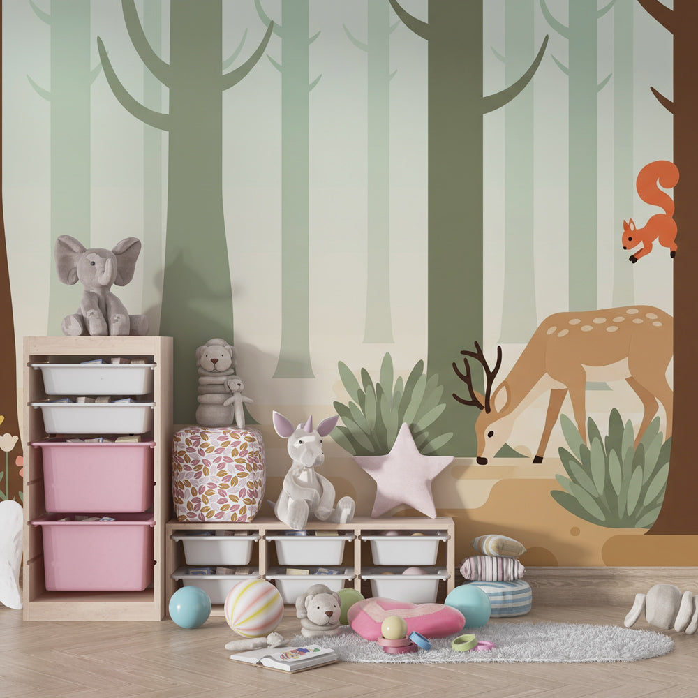 Forest themed mural wallpaper with animals transforming kids playroom into woodland sanctuary