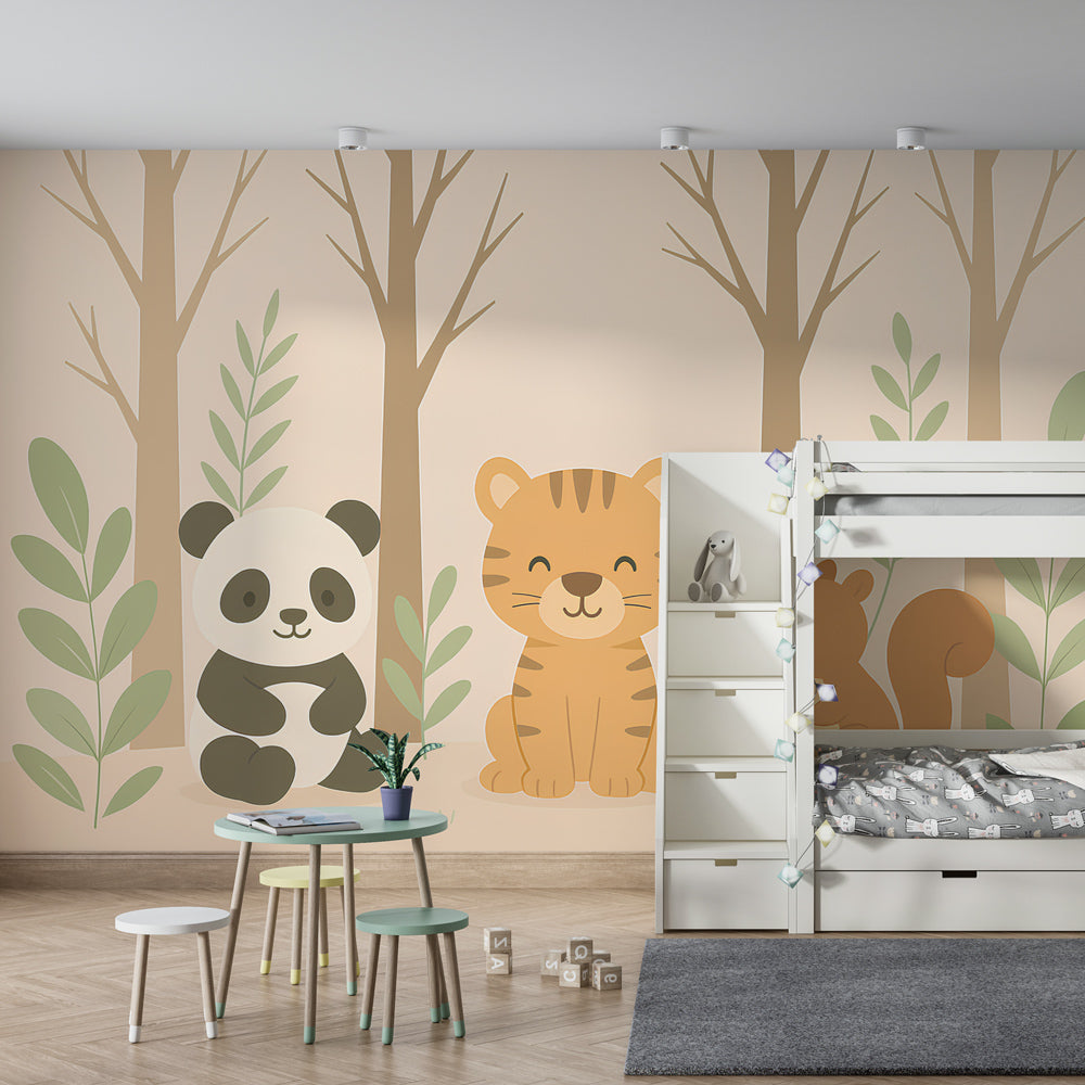 Cute forest animals wallpaper transforming children's playroom into woodland adventure space