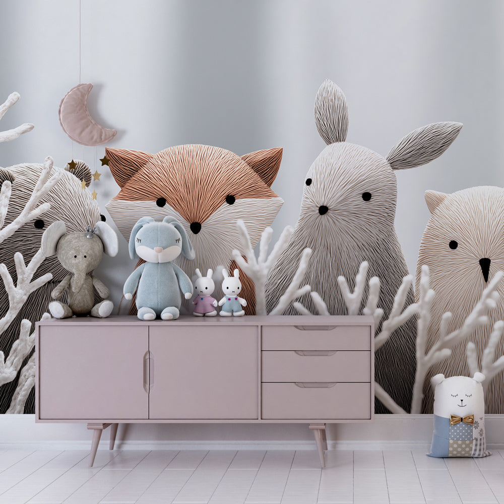 Baby nursery with forest animals mural wallpaper featuring fox bear rabbit owl and deer