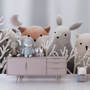 Baby nursery with forest animals mural wallpaper featuring fox bear rabbit owl and deer