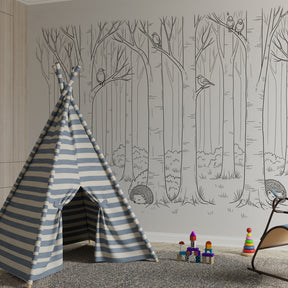 Nature-themed forest wallpaper with singing birds and hedgehogs for kids playroom decor