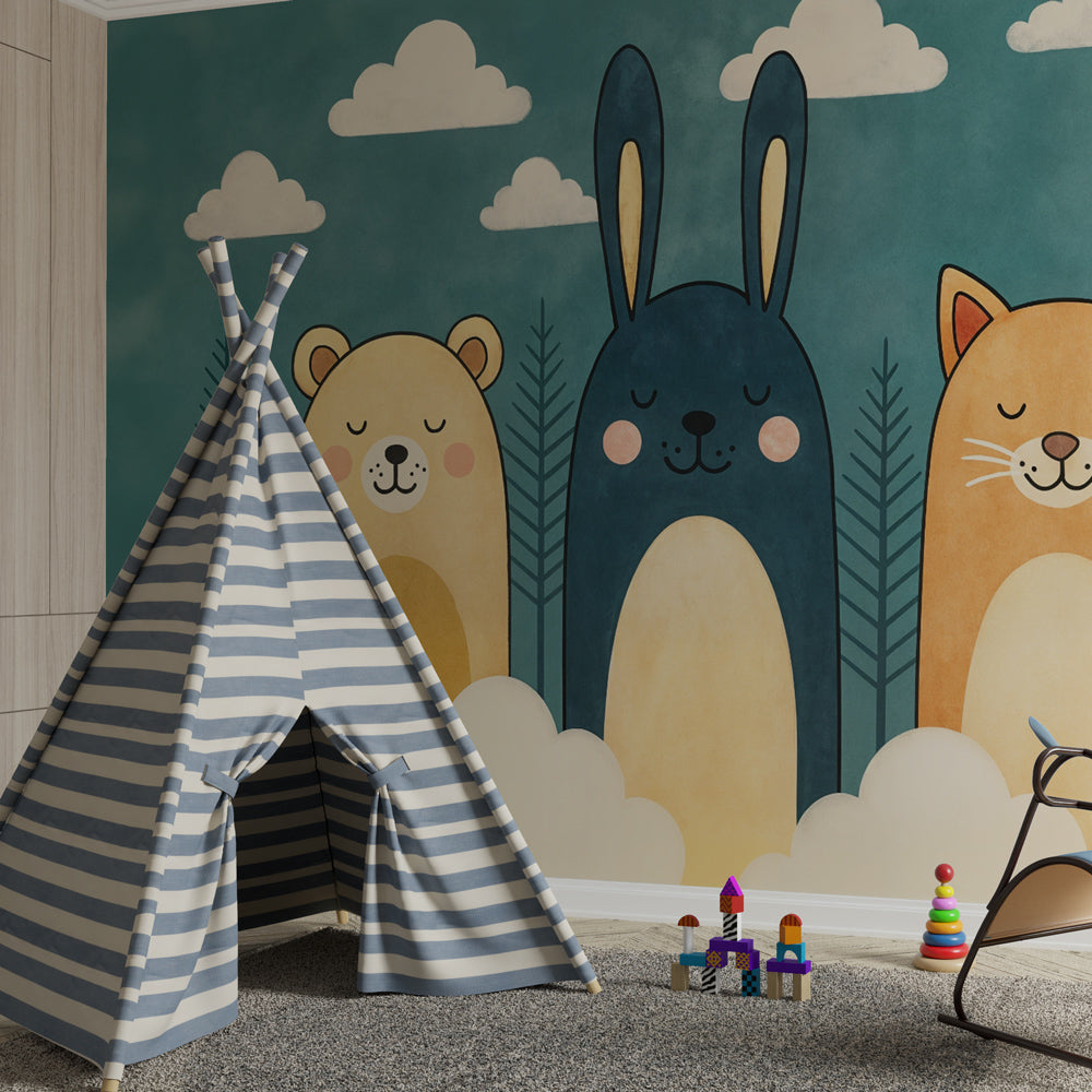 Woodland animals wallpaper creating serene atmosphere in children's playroom with blue tones