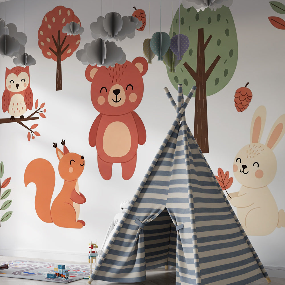 Woodland animals wallpaper with natural green orange tones for educational kids playroom by Kids-Mundo