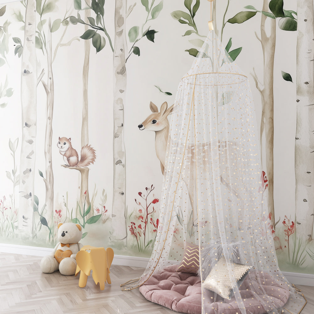 Multicolor forest mural wallpaper creating enchanted playroom atmosphere for kids