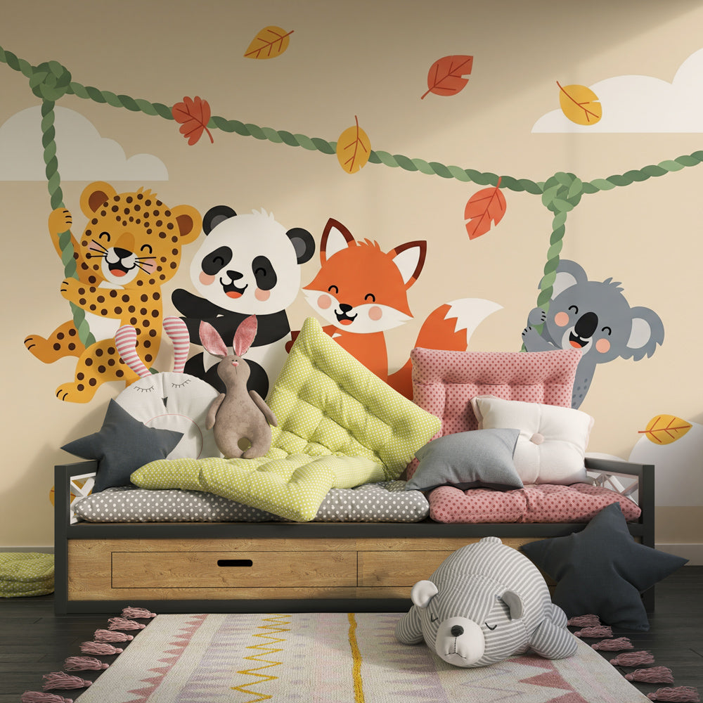 Woodland friends mural wallpaper in bright playroom showing autumn leaves and animal characters