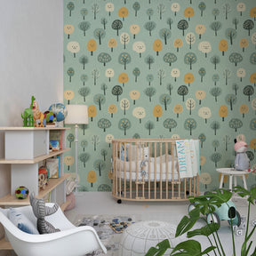 Whimsical forest wallpaper with friendly tree characters in bright kids playroom