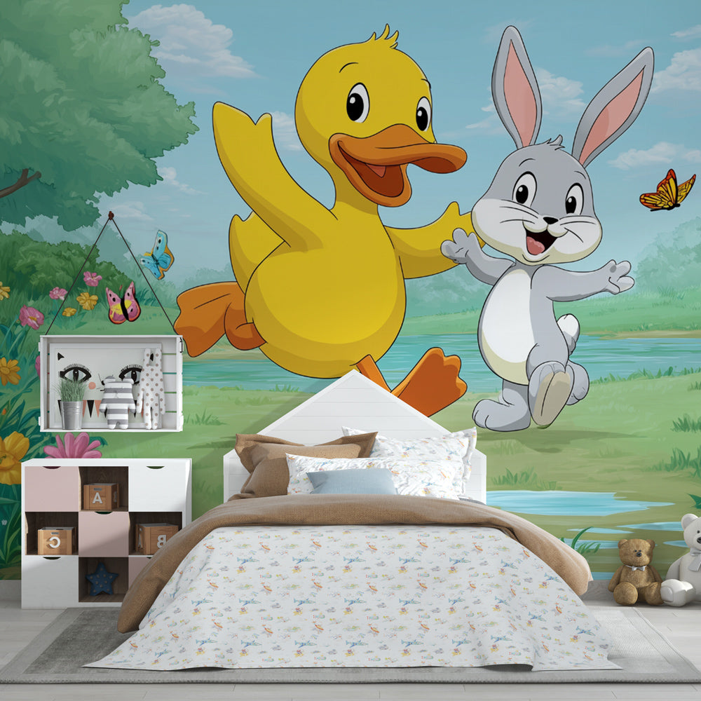 Joyful forest friends mural wallpaper brightening kids playroom with vibrant colors