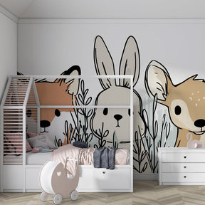 Fox rabbit and fawn mural wallpaper transforming kids playroom into forest adventure