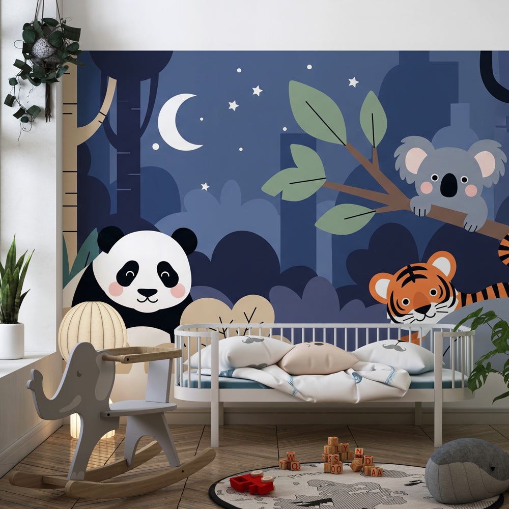 Forest theme mural wallpaper transforming children's room into peaceful nocturnal animal sanctuary
