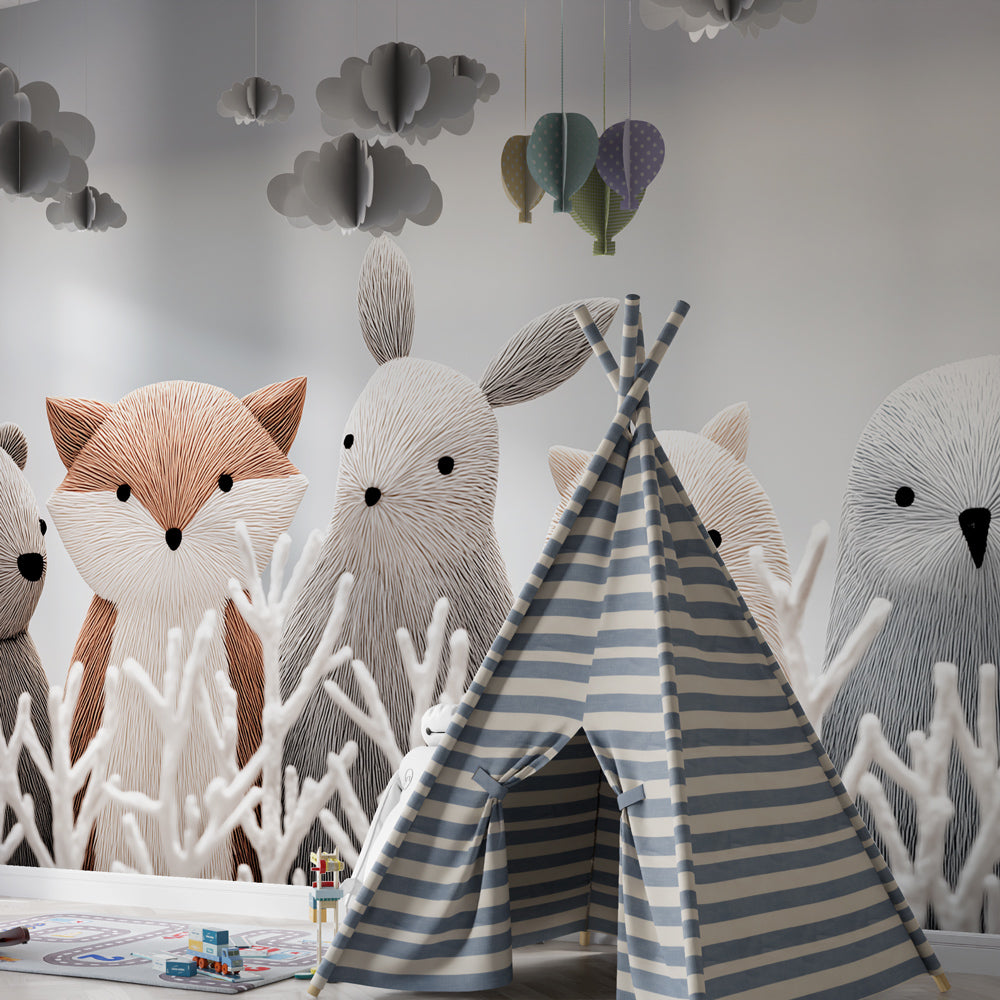 Cute woodland animals wallpaper creating cozy toddler bedroom decor with natural tones