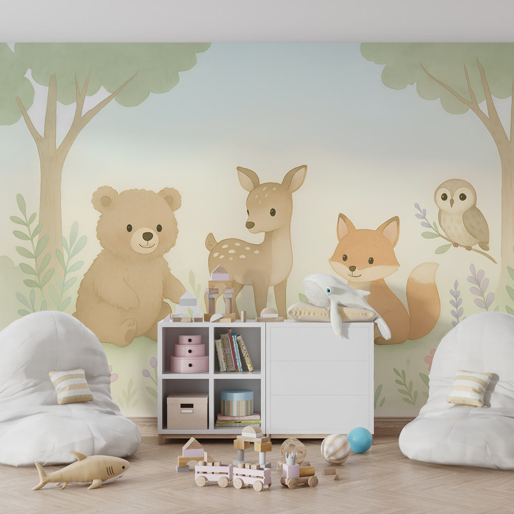 Bear deer fox owl mural wallpaper in cozy toddler bedroom setting
