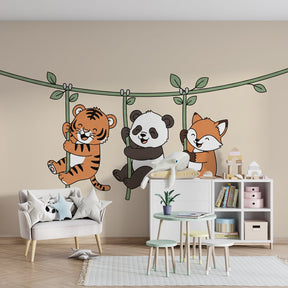 Whimsical forest theme mural wallpaper with hanging animals for toddler room by Kids-Mundo