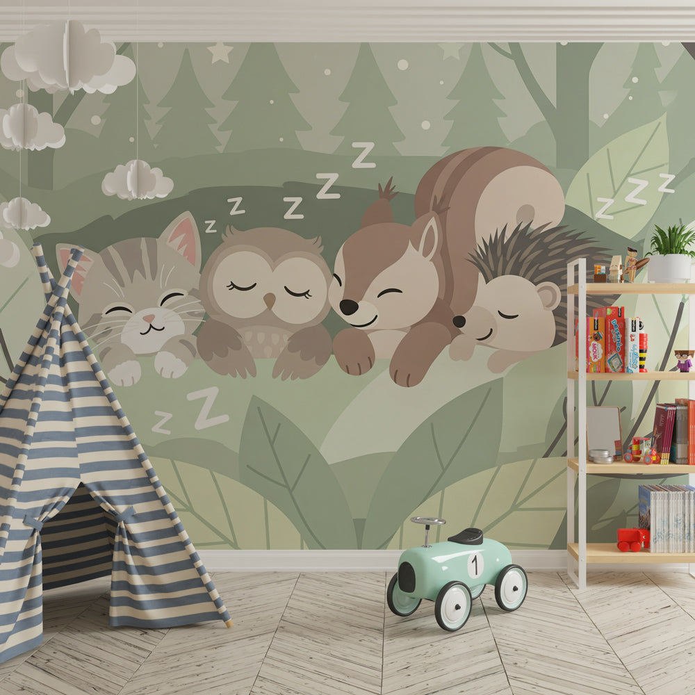 Woodland themed mural wallpaper with peaceful forest animals for toddler room by Kids-Mundo