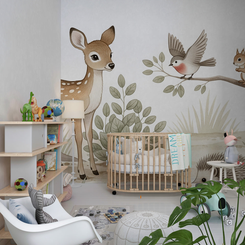 Gentle forest animals wallpaper featuring fawn, squirrel and owl in cozy toddler room setting