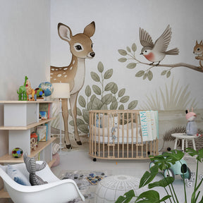 Gentle forest animals wallpaper featuring fawn, squirrel and owl in cozy toddler room setting