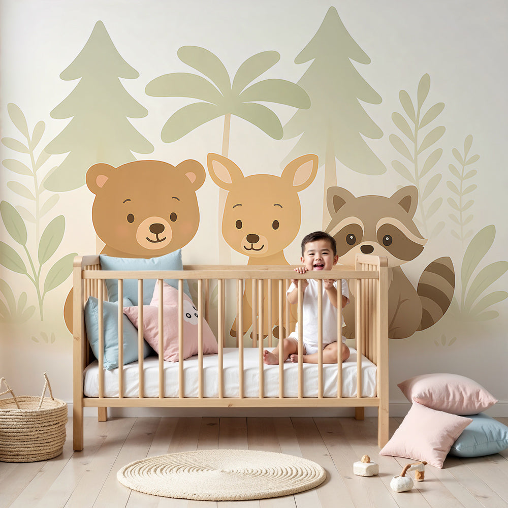 Forest animals mural wallpaper in cozy nursery with bear fawn raccoon woodland theme by Kids-Mundo