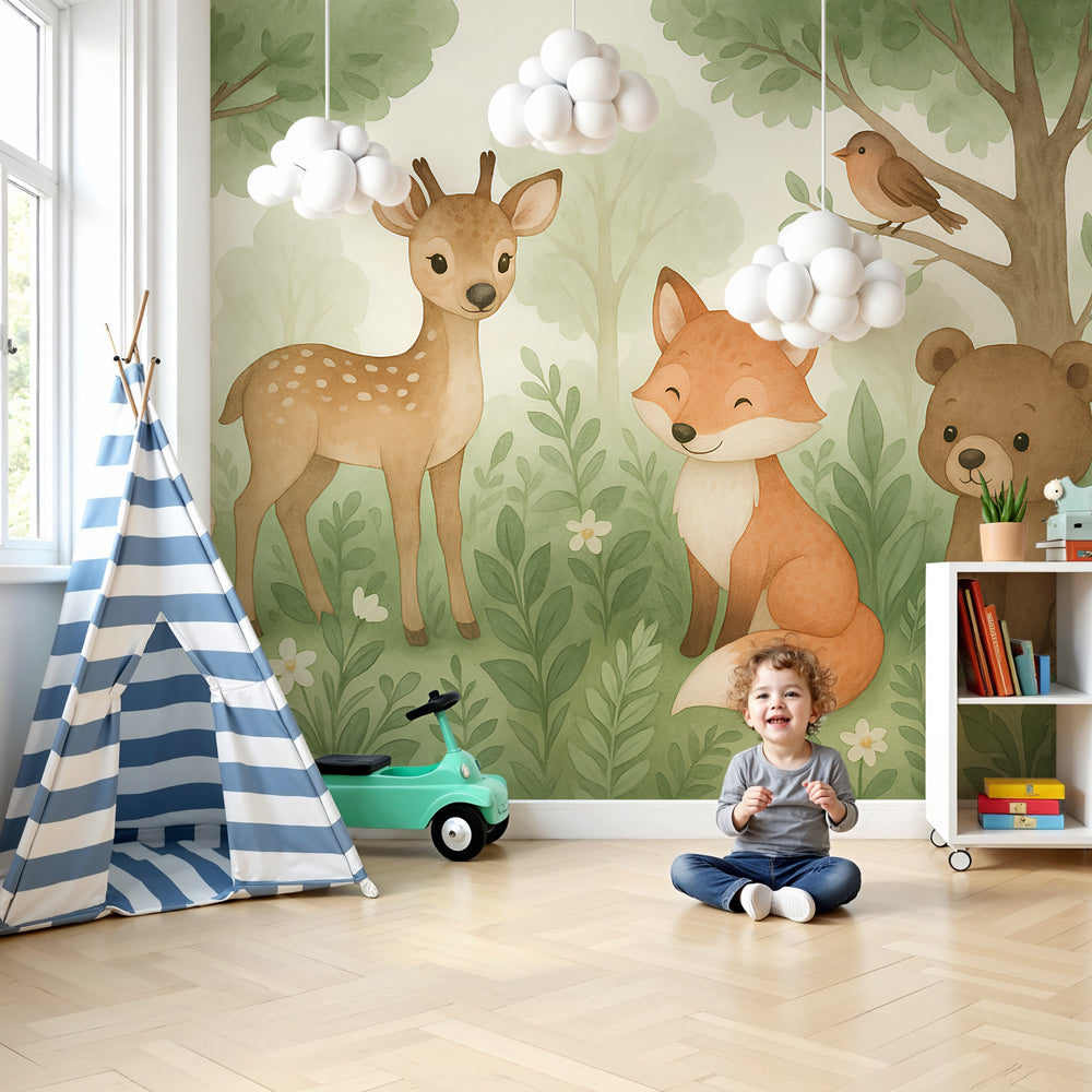 Forest animals mural wallpaper creating magical woodland nursery with soft pastels by Kids-Mundo