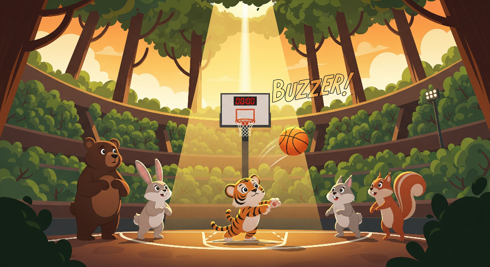 Kids-Mundo flat artwork of a bear, rabbit, tiger cub and squirrel playing basketball in a forest arena