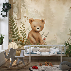 Woodland bear wallpaper in children's bedroom showing peaceful forest scene with natural colors