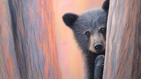 Detailed forest bear cub mural wallpaper design pattern with tree and soft background by Kids-Mundo