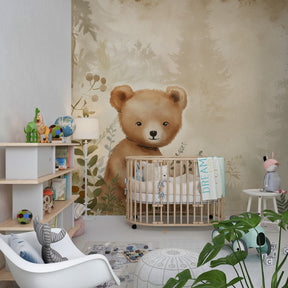 Enchanted forest mural wallpaper with curious bear creating magical kids room atmosphere