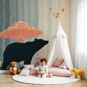 Forest bear mural wallpaper creating peaceful woodland nursery decor by Kids-Mundo