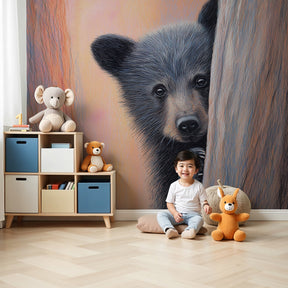 Forest bear cub mural wallpaper in modern nursery with natural wood furniture by Kids-Mundo