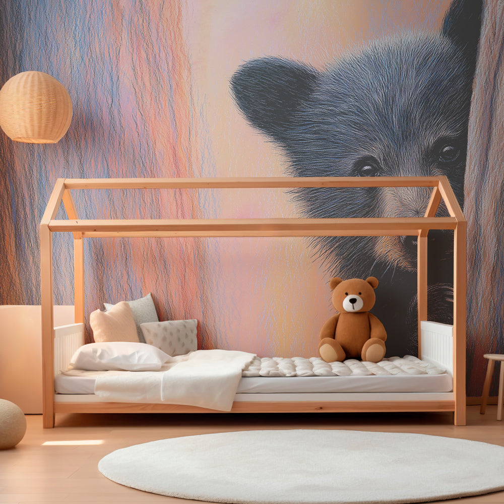 Woodland bear wallpaper transforming kids playroom with purple-pink forest background