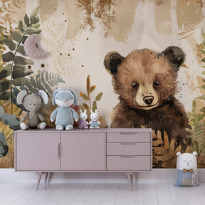Beige woodland bear wallpaper in modern toddler bedroom with natural forest theme