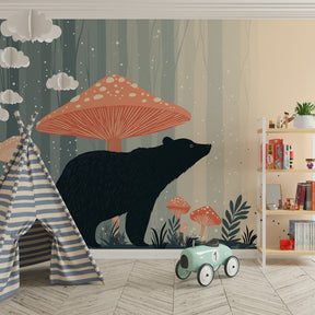Bear woodland mural wallpaper transforming toddler room into forest retreat
