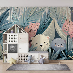 Forest adventure mural wallpaper with bears creating cozy nursery atmosphere for peaceful sleep by Kids-Mundo
