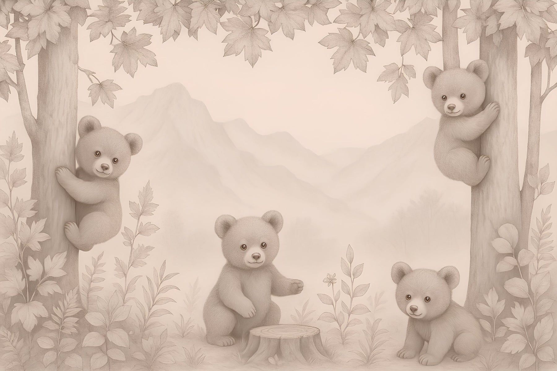Detailed forest bears mural wallpaper design pattern showing woodland cubs by Kids-Mundo