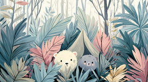 Detailed forest bears and tropical plants mural wallpaper design pattern showing artistic illustration by Kids-Mundo