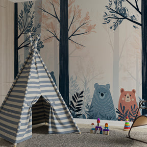 Forest animal mural wallpaper paired with natural wood furniture in children's room