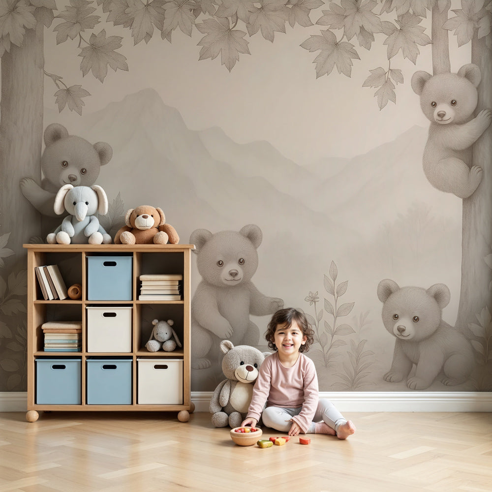 Forest bears mural wallpaper in cozy nursery with wooden crib by Kids-Mundo