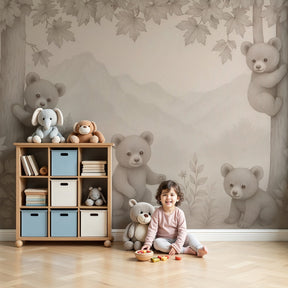 Forest bears mural wallpaper in cozy nursery with wooden crib by Kids-Mundo