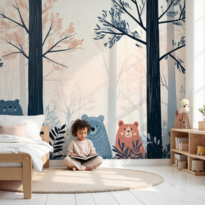 Forest bears mural wallpaper creating peaceful woodland nursery atmosphere by Kids-Mundo