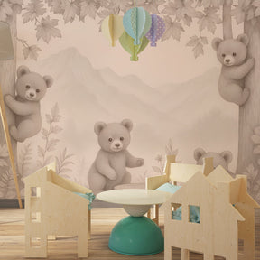 Bear-themed mural wallpaper transforming kids playroom into forest sanctuary