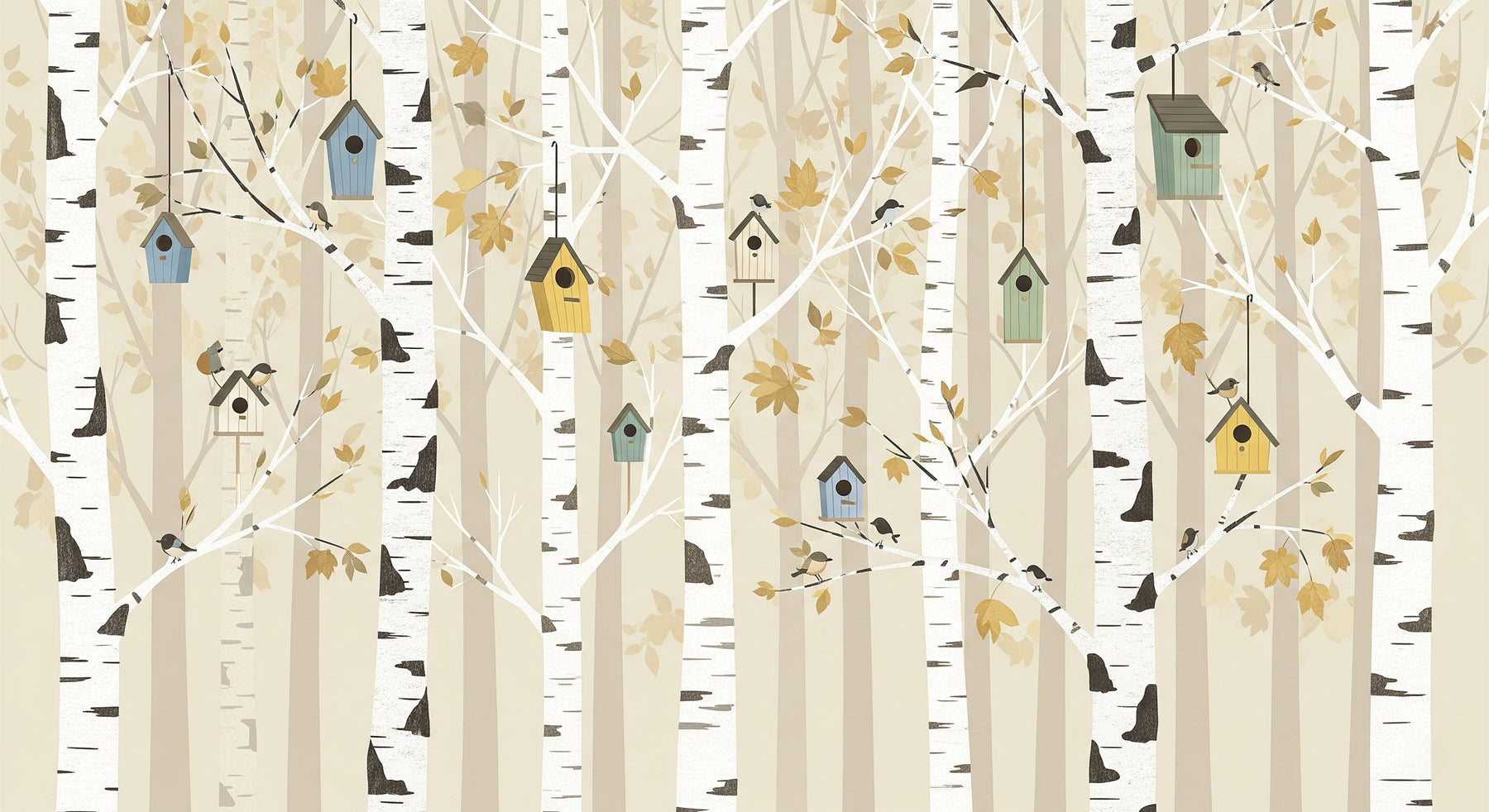 Detailed forest birdhouse mural wallpaper design pattern with golden leaves by Kids-Mundo