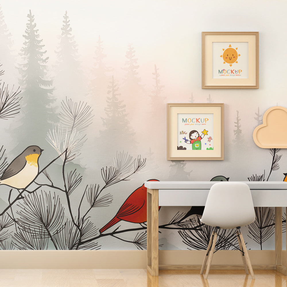 Nature-themed birds mural wallpaper for modern children's room interior design