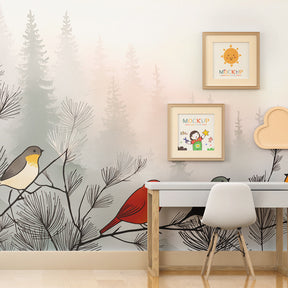Nature-themed birds mural wallpaper for modern children's room interior design