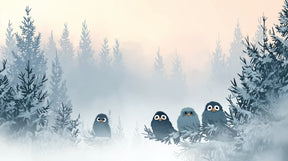 Detailed misty forest birds mural wallpaper design pattern showing woodland creatures by Kids-Mundo