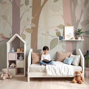 Enchanted forest birds mural wallpaper in modern nursery with pastel trees by Kids-Mundo