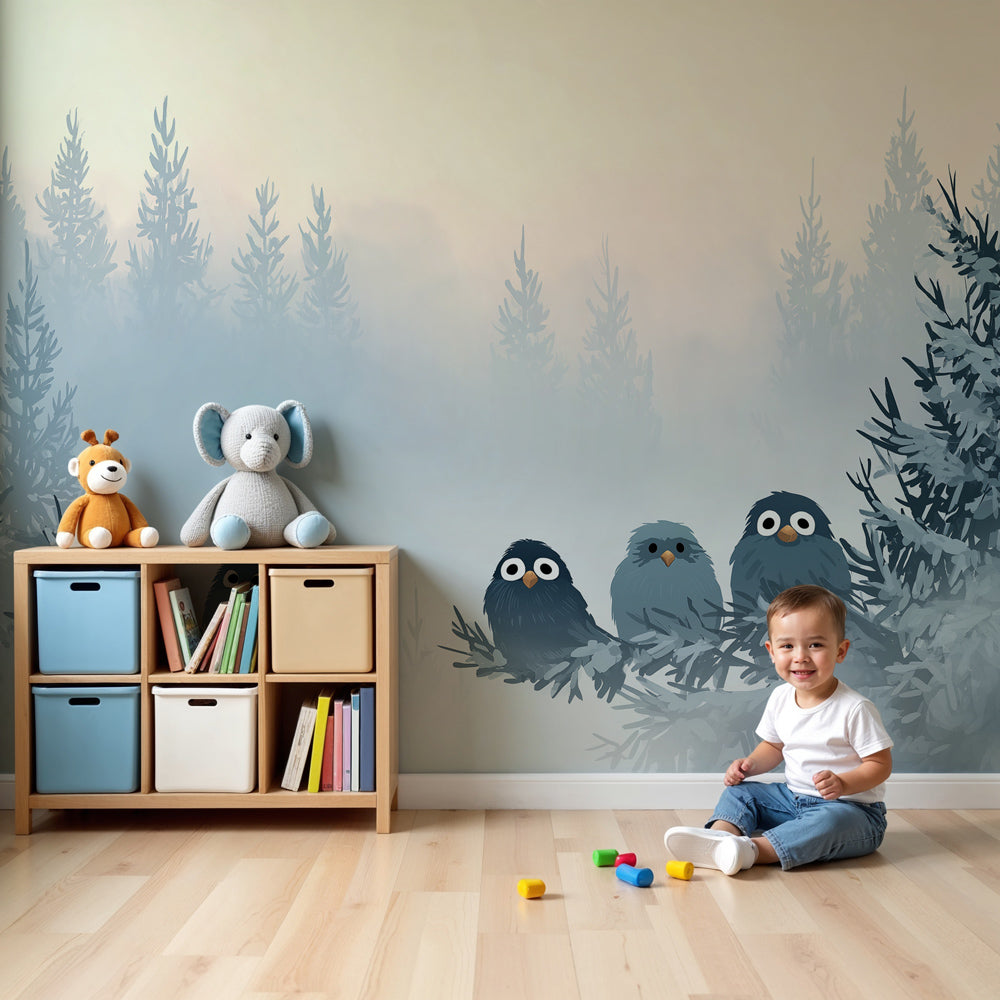 Forest birds mural wallpaper creating serene woodland nursery atmosphere by Kids-Mundo
