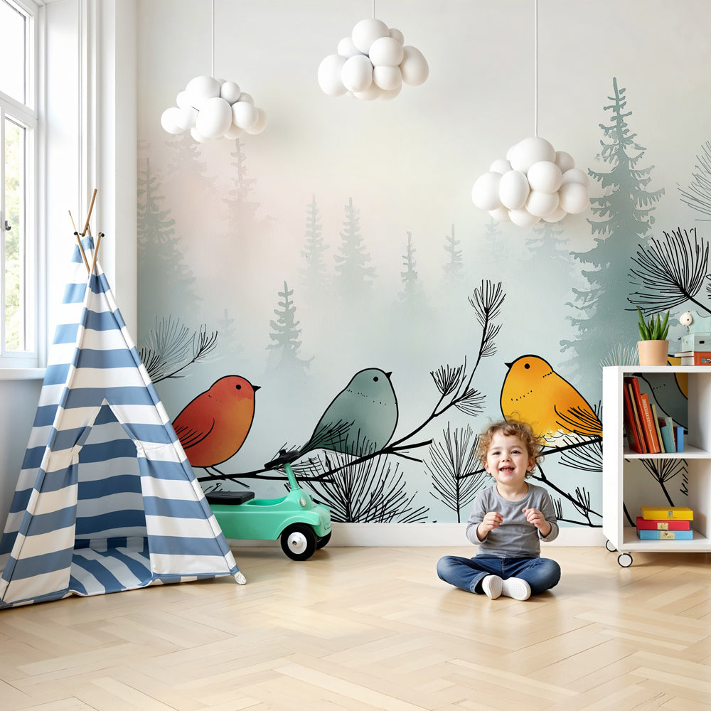 Forest birds mural wallpaper creating magical nursery decor with colorful birds by Kids-Mundo