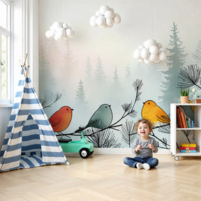 Forest birds mural wallpaper creating magical nursery decor with colorful birds by Kids-Mundo
