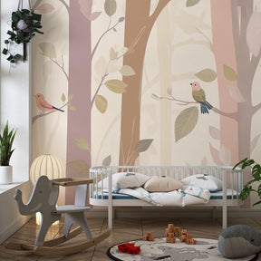 Colorful birds and pastel trees mural wallpaper transforming kids playroom into forest sanctuary