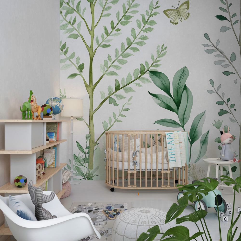 Enchanted forest wallpaper creating magical botanical atmosphere in kids bedroom with green foliage