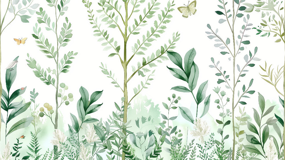 Detailed enchanted forest botanical mural wallpaper design pattern with butterflies by Kids-Mundo